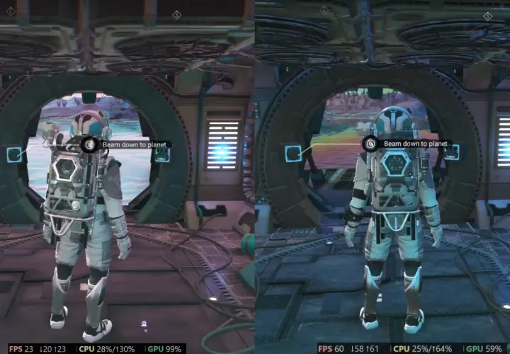 Comparaison des performances graphiques dans No Man's Sky. Le joueur se tient prêt à descendre sur une planète.
