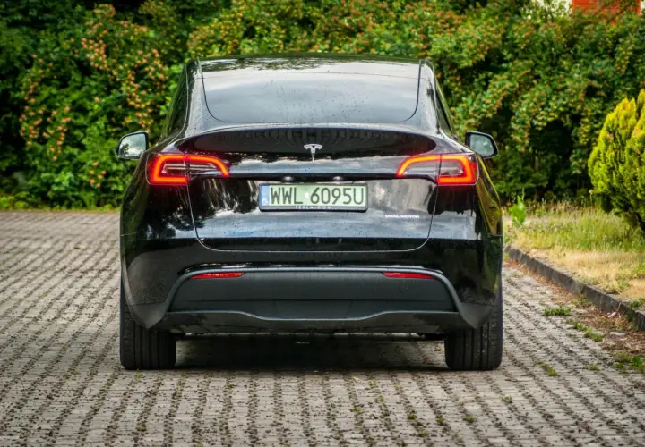 Czarna Tesla z napędem dual motor, z tablicą rejestracyjną WWL 6095U, zaparkowana na kostce brukowej wśród zieleni.