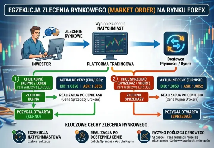 Trader, kto to? Inwestor wysyła zlecenie rynkowe przez platformę, by szybko kupić lub sprzedać walutę na rynku Forex.