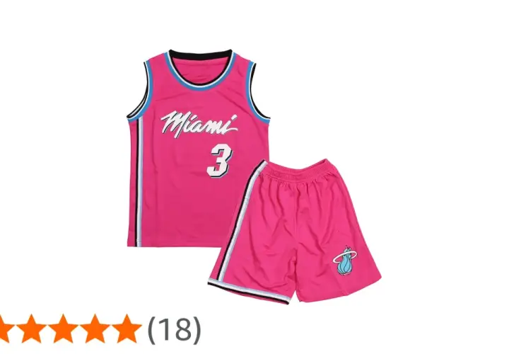 Różowe koszulki koszykarskie dla dzieci z napisem "Miami" i numerem 3, idealne dla małych fanów sportu.