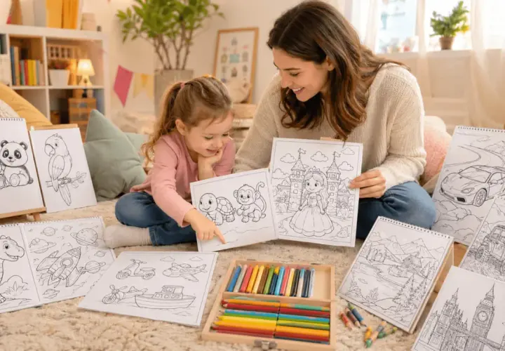 Niña y madre disfrutan de un libro de **osito para colorear** y otros dibujos. Crayones listos para dar vida a la imaginación.