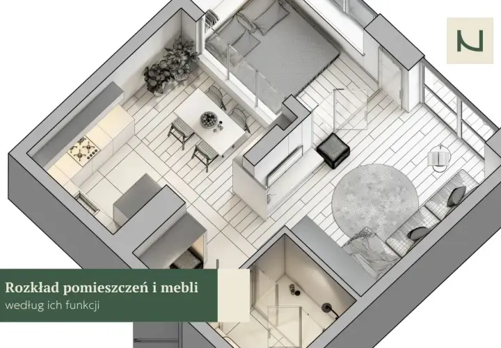 Rozkład pomieszczeń i mebli według ich funkcji, inspirowany 55 zasadami feng shui. Widok z góry na mieszkanie z kuchnią, jadalnią, salonem i sypialnią.