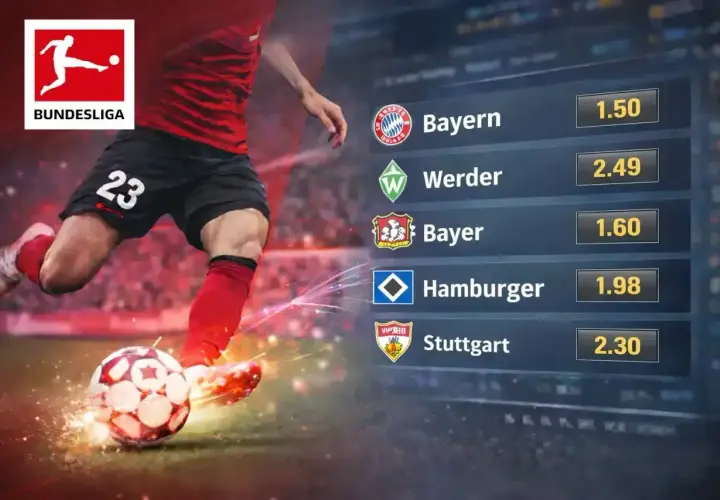 Piłkarz kopie piłkę na tle listy kursów bukmacherskich na mecze Bundesligi. Bayern, Werder, Bayer, Hamburg, Stuttgart - czy to Twój typ na sparing?