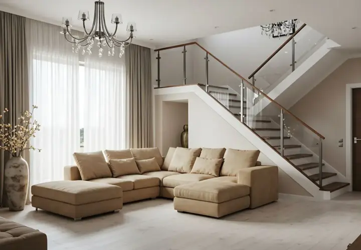 Nowoczesny salon z beżową kanapą i schodami. Elegancki żyrandol, dzieło polskiego producenta żyrandoli, dodaje blasku.