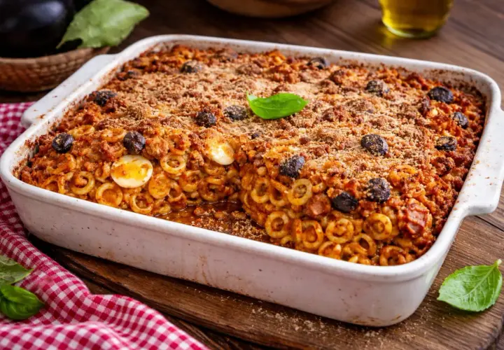 Piatto fumante di anelletti alla siciliana, con uova sode, olive nere e croccante panatura.