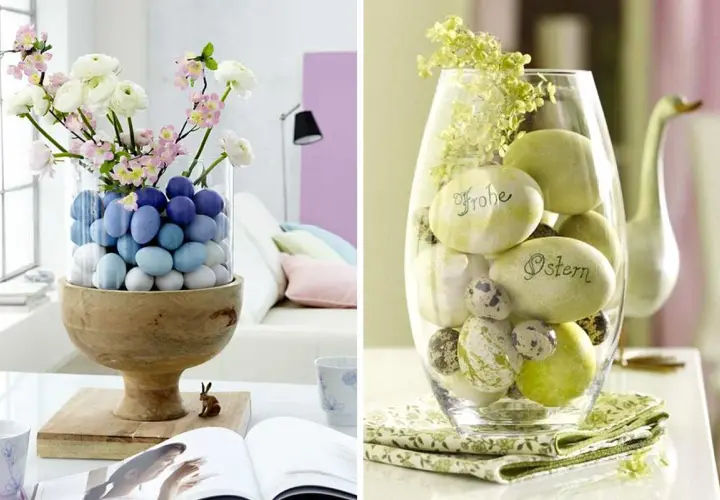 Vasetti pasquali fai da te con uova colorate e fiori, e un altro con pietre scritte "Frohe Ostern".
