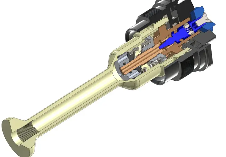 Cutaway view of a mechanical component, possibly a valve or actuator, with internal gears and blue piston. This push hc97 mechanism shows intricate engineering.