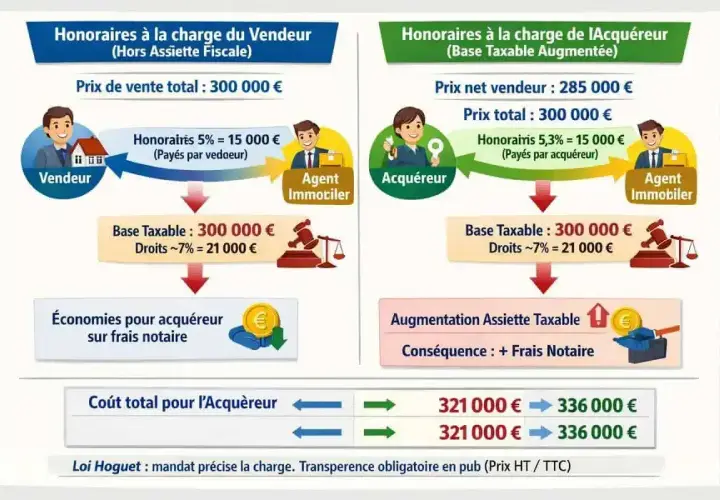 Comparaison des frais d'agence immobilière vente : vendeur paie ou acquéreur paie, impact sur le coût total.