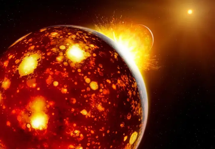 Zderzenie planety Theia z młodą Ziemią, tworzące ogromny wybuch i wyrzucające materię w kosmos.