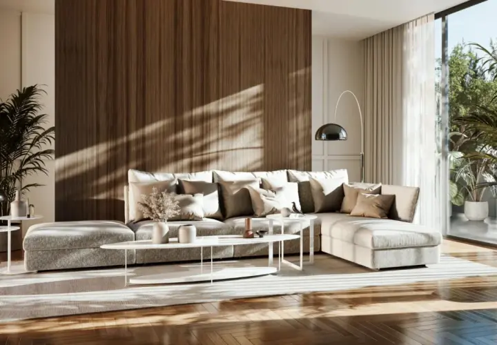 Przytulny salon w stylu japandi z dużą, szarą sofą, drewnianą ścianą i roślinami.
