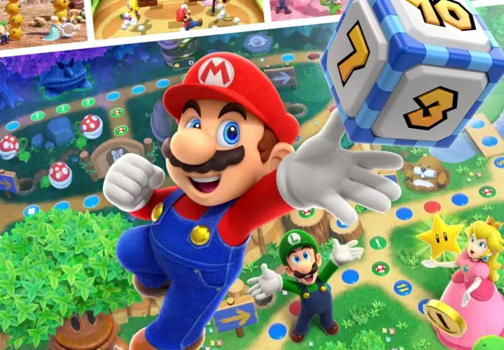 Mario, Luigi i Peach grają w Super Mario Party, rzucając kostką na kolorowej planszy.
