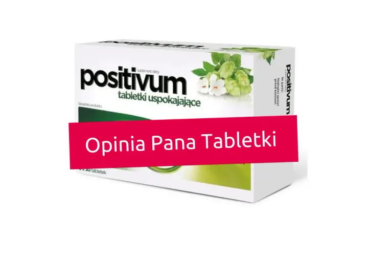Opakowanie tabletek uspokajających "positivum" z chmielem i melisą. Pan Tabletki poleca jako najmocniejszy lek na uspokojenie bez recepty.
