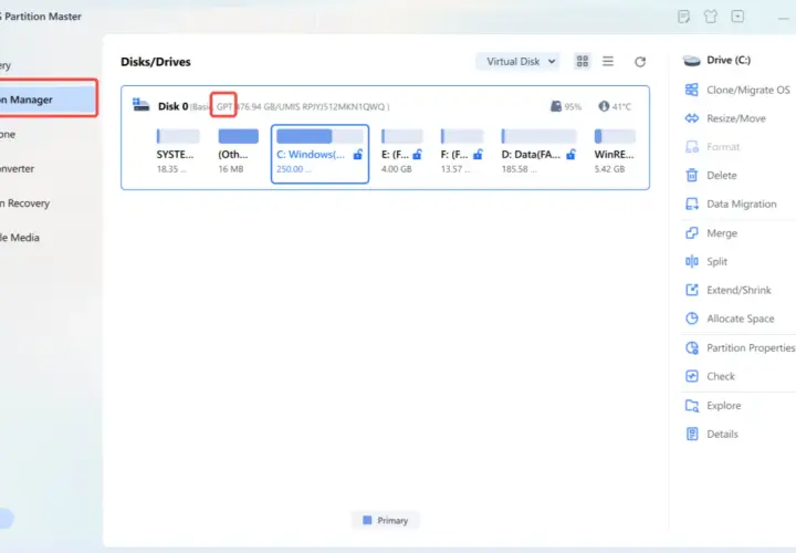 W programie EaseUS Partition Master widzisz, jak sprawdzić czy dysk jest MBR czy GPT. Dysk 0 ma oznaczenie GPT.