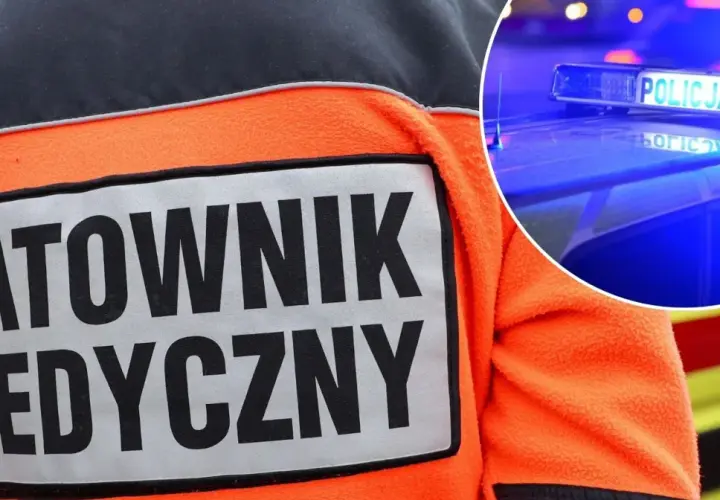 Ratownik medyczny w pomarańczowej kurtce, obok policyjny kogut kierunkowy 25.