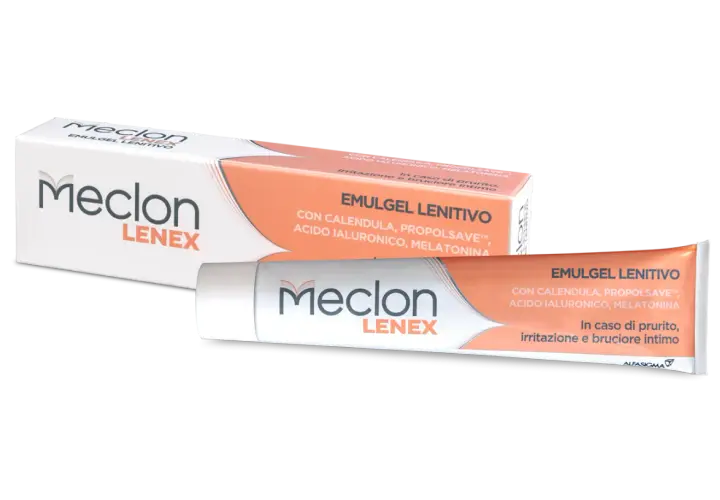Meclon Lenex Emulgel Lenitivo, ideale per prurito intimo senza perdite, con calendula e acido ialuronico.