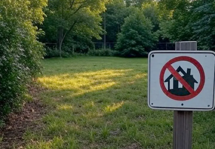Znak zakazu budowy domów jednorodzinnych na tle zielonego, słonecznego placu.