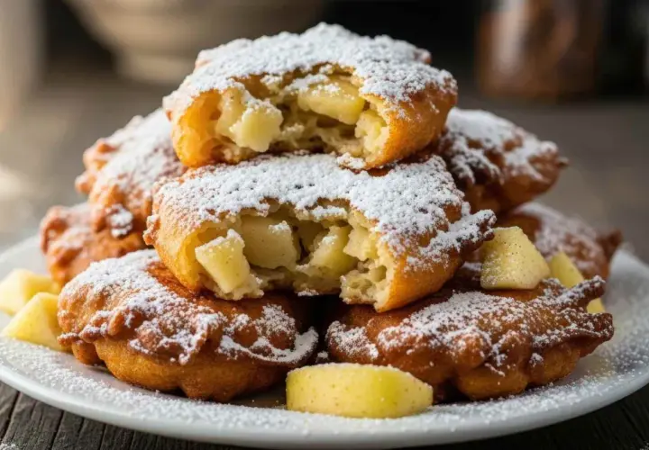 Montón de buñuelos de manzana recién hechos, espolvoreados con azúcar glas. Un buñuelo está partido, mostrando el relleno de manzana.