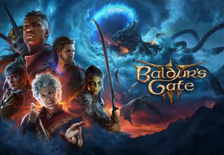 Personnages de Baldur's Gate 3, dont un homme aux cheveux argentés tenant une dague, une femme orque, un homme à la peau sombre et une elfe aux cornes, sur fond de ciel orageux et de dragons.