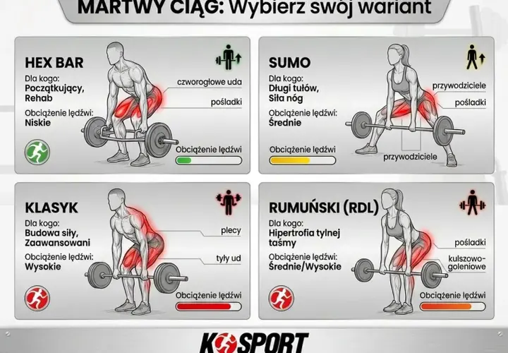 Ilustracja przedstawia cztery rodzaje martwego ciągu: Hex Bar, Sumo, Klasyk i Rumuński (RDL), z opisem grup mięśniowych i obciążenia lędźwi.
