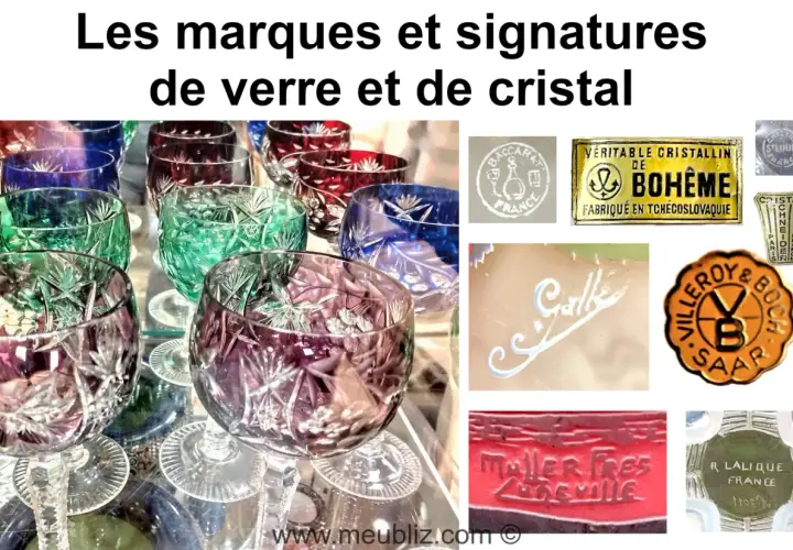Verre coloré et signatures de cristalleries, dont une signature Gallé.