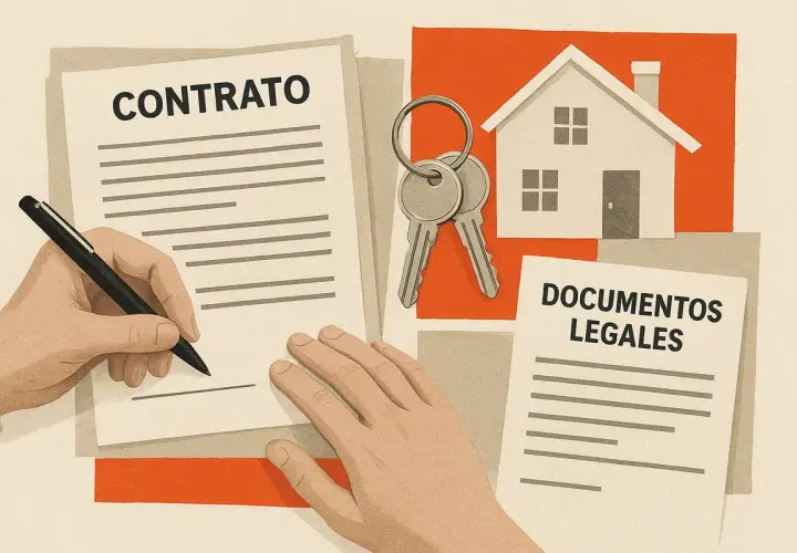 Man firmando un contrato de arras para comprar una casa, con llaves y documentos legales.
