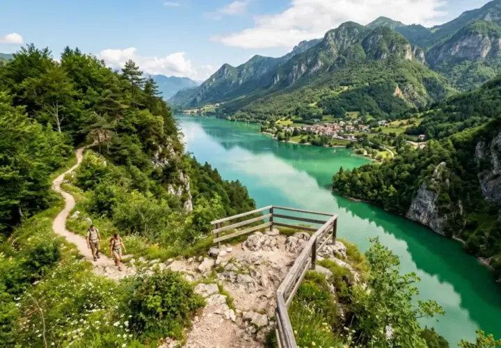 Sentiero panoramico sul lago di Val Cellina a Barcis, con escursionisti e montagne verdi.