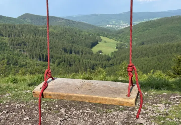 Drewniana huśtawka z napisem "Ruprechticki szpiczak" wisi nad malowniczą doliną pełną zielonych lasów i pól.
