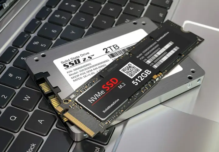 Dwa dyski SSD: 2.5" 2TB i M.2 NVMe 512GB, leżące na klawiaturze laptopa. Jaki dysk SSD do laptopa wybrać?