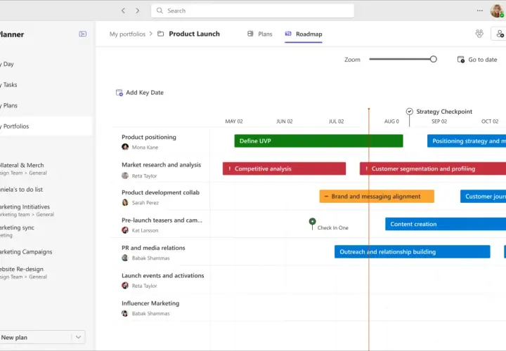 Widok planu w aplikacji Planner, pokazujący harmonogram "Product Launch" z zadaniami i kamieniami milowymi.