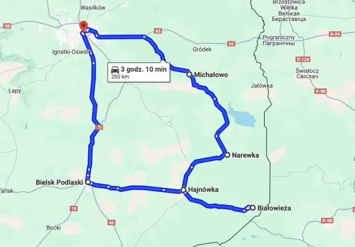 Trasa samochodowa przez puszczę białowieską i okolice. Szlaki wiodą przez Bielsk Podlaski, Hajnówkę, Białowieżę, Narewkę, Michałowo.