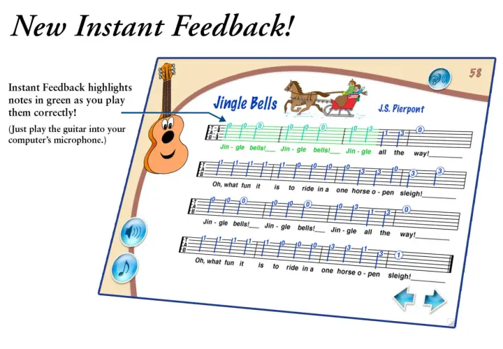 Proste piosenki na gitarę dla dzieci: "Jingle Bells" z podpowiedziami i animacją.