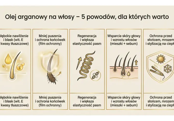 Olej arganowy do włosów: nawilża, chroni końcówki, regeneruje, wspiera skórę głowy i chroni przed słońcem, mrozem i ciepłem.