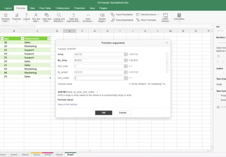 Excel mostra la funzione SORTBY per ordinare i dati in ordine crescente per nome, età e reparto.