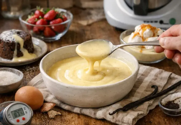 Crème anglaise onctueuse, la recette grand-mère parfaite pour accompagner un moelleux au chocolat ou des fruits rouges.