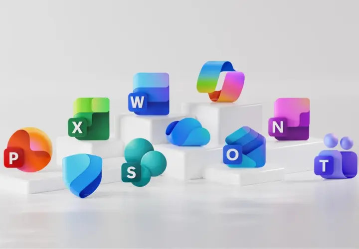 Icônes des applications Microsoft Office desktop : Word, Excel, PowerPoint, Outlook, Teams, OneDrive, SharePoint, OneNote.