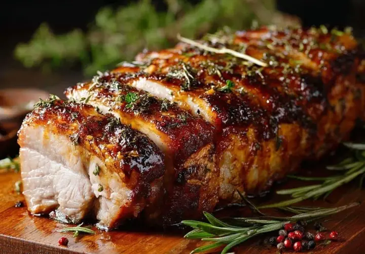 Un délicieux roti de porc au four, laqué et parsemé d'herbes, prêt à être dégusté.
