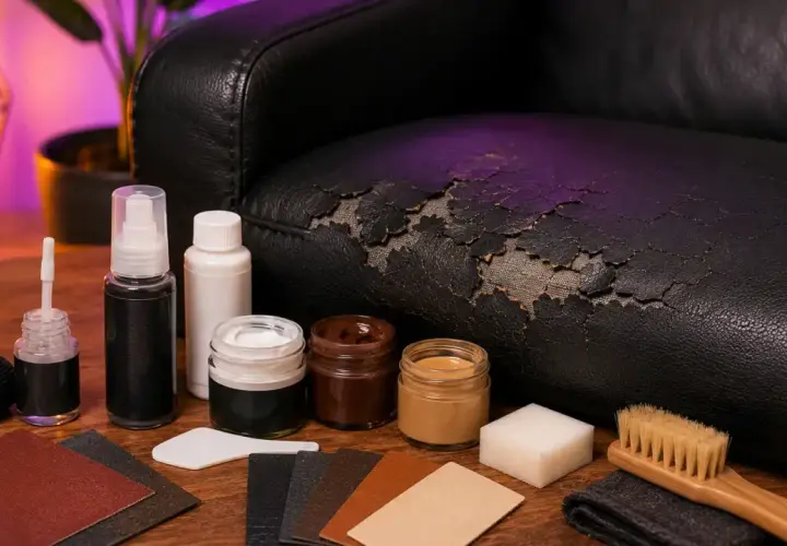 Kit de réparation pour simili cuir abîmé. Des produits pour nettoyer et recolorer, une éponge, une brosse et des échantillons pour savoir comment enlever de la colle sur du simili cuir.