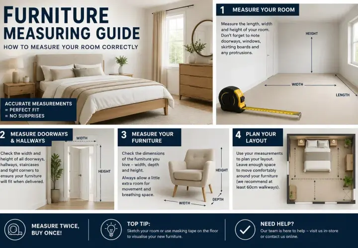 Furniture measuring guide showing how to measure rooms, doorways, and furniture to ensure perfect fit. Includes tips on planning layout and standard furniture dimensions.