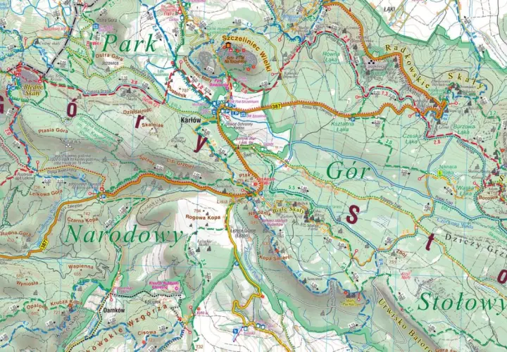 Góry Stołowe Polska: mapa turystyczna z zaznaczonymi szlakami, punktami widokowymi i atrakcjami.