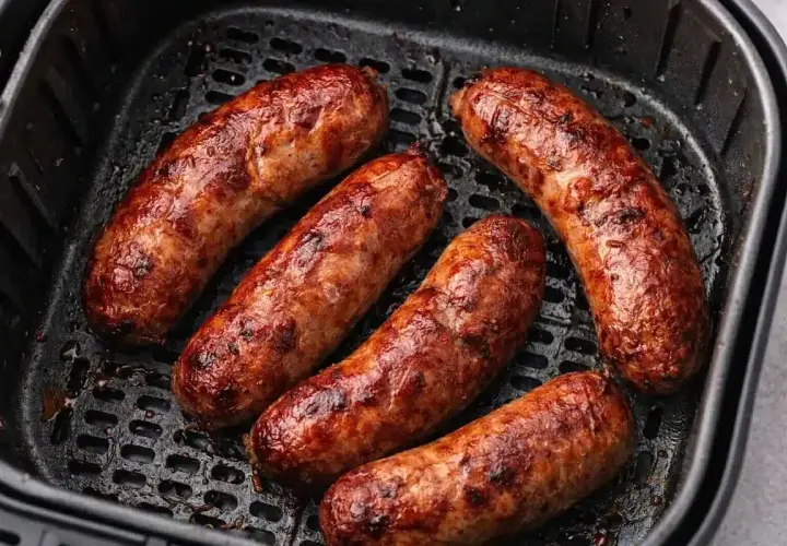 Salsiccia dorata e succulenta nella friggitrice ad aria, pronta per essere gustata.