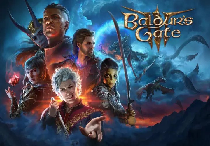 Postacie z gry **Baldur's Gate** w otoczeniu smoków i mrocznych chmur.