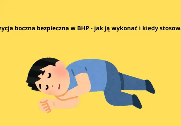 Ilustracja przedstawia postać w pozycji bocznej bezpiecznej na żółtym tle.