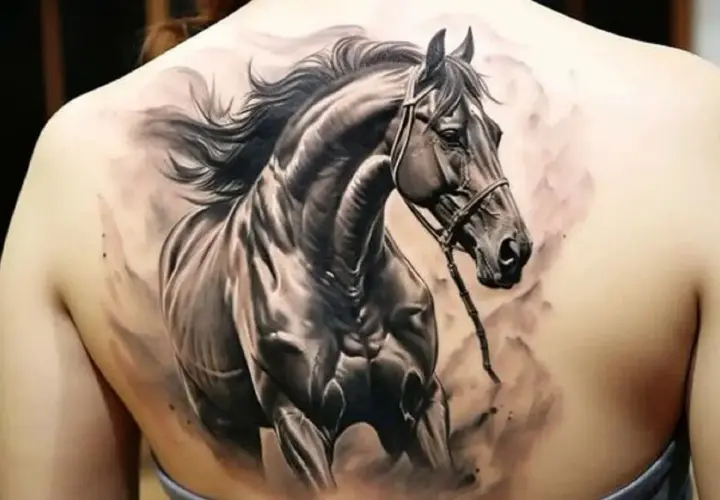 Realistyczny tatuaż konia na plecach. Symbolizuje wolność, siłę i pasję. To znaczenie tatuażu konia jest uniwersalne.
