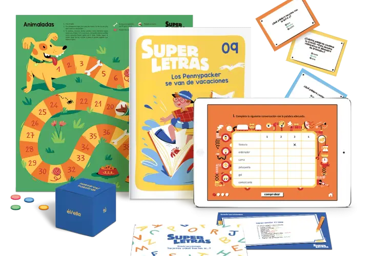 Juego de mesa "Animaladas" con un tablero de recorrido, un dado de pronombres y tarjetas con ejercicios de lengua. Una tablet muestra un juego interactivo de completar palabras.