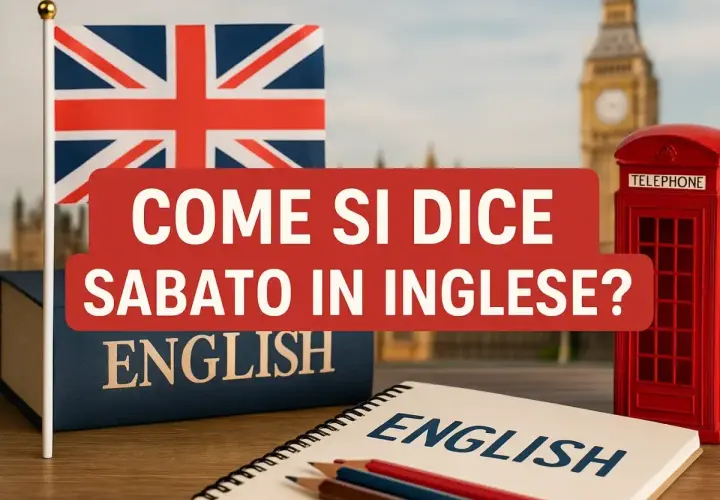 Impara come si scrive sabato in inglese con questa immagine a tema britannico, che include la Union Jack, un libro di inglese e una cabina telefonica rossa.
