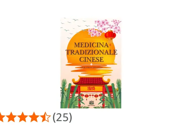 Copertina di un libro sulla medicina tradizionale cinese, con un sole arancione, fiori di ciliegio, lanterne rosse e un cancello tradizionale.