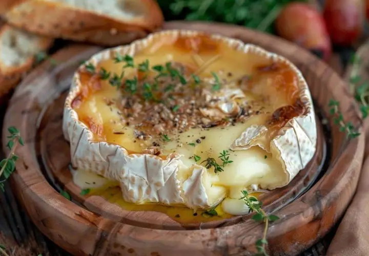 Un camembert braisé fondant, garni de thym et de poivre, prêt à être dégusté avec du pain croustillant.