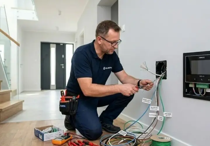 Elektryk przygotowuje jaki przewód do domofonu, podłączając kable do panelu w nowoczesnym wnętrzu z widocznymi schodami.