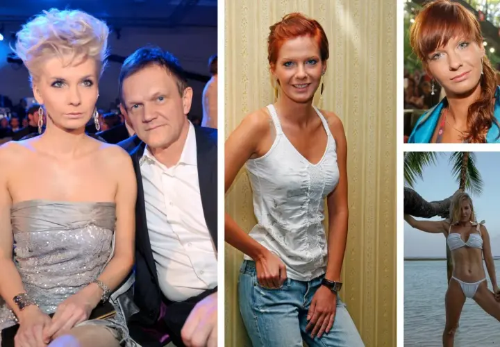 Cezary Pazura z żoną na zdjęciach. Widać jego żonę w różnych stylizacjach, od eleganckiej po plażową.