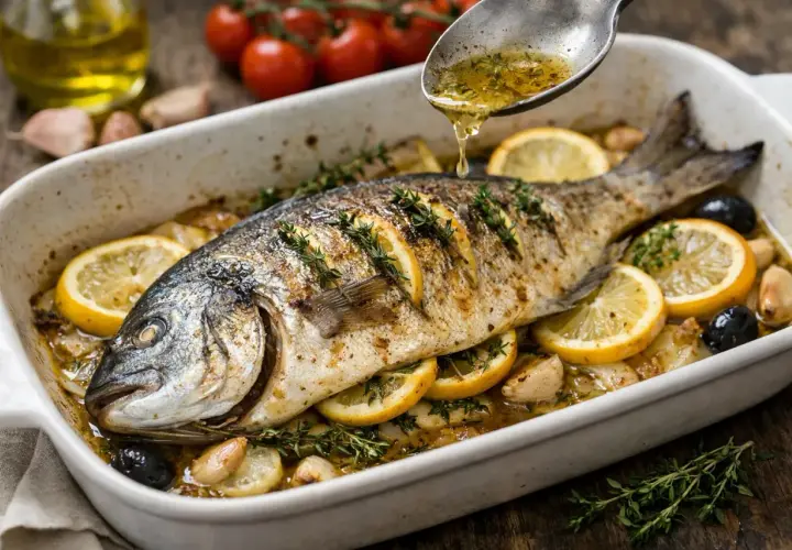 Dorade royale entière, garnie de rondelles de citron et de thym, arrosée d'une sauce savoureuse. Un délice de dorade royale plancha.